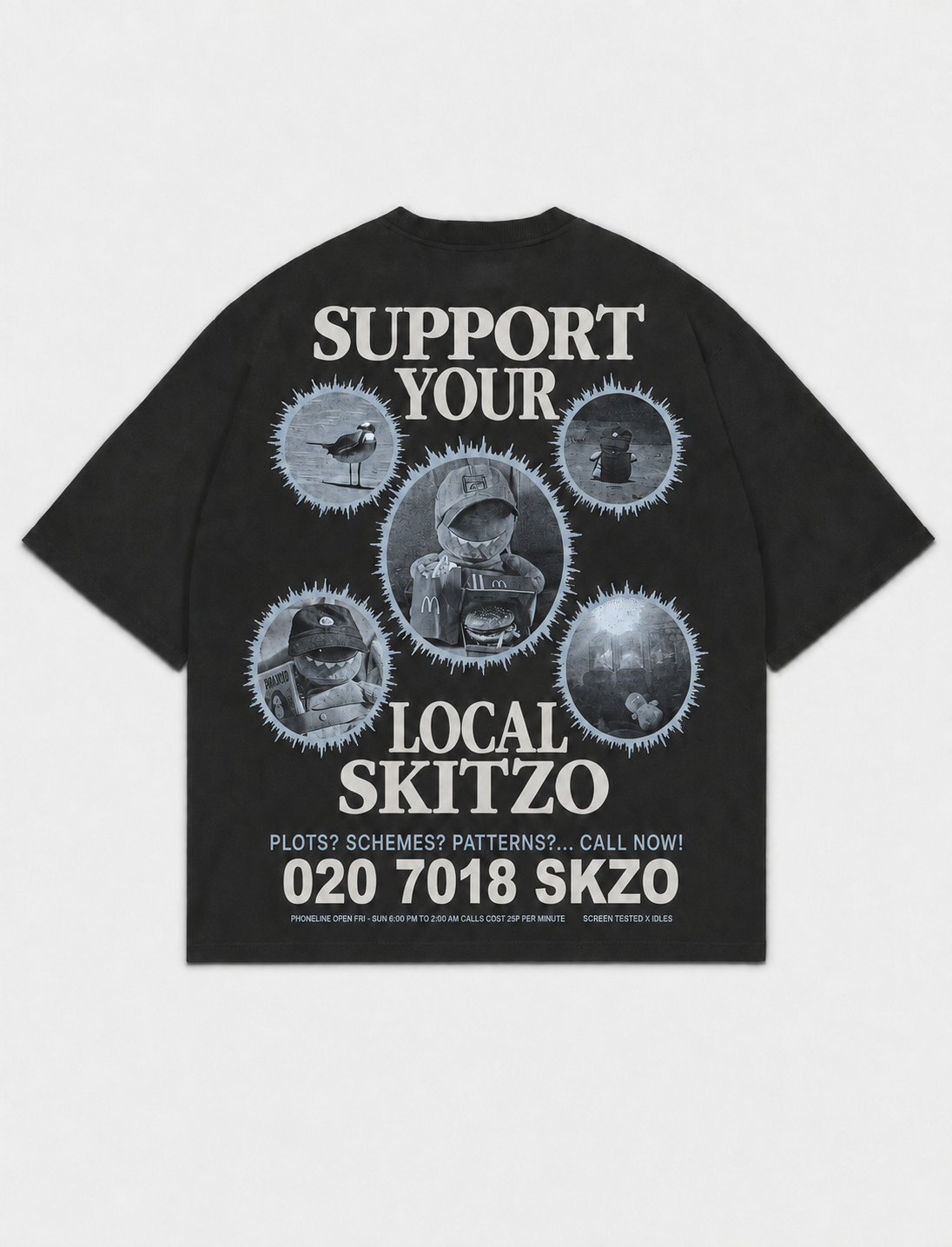 SKIZO TEE back with Support Your Local Skitzo graphic